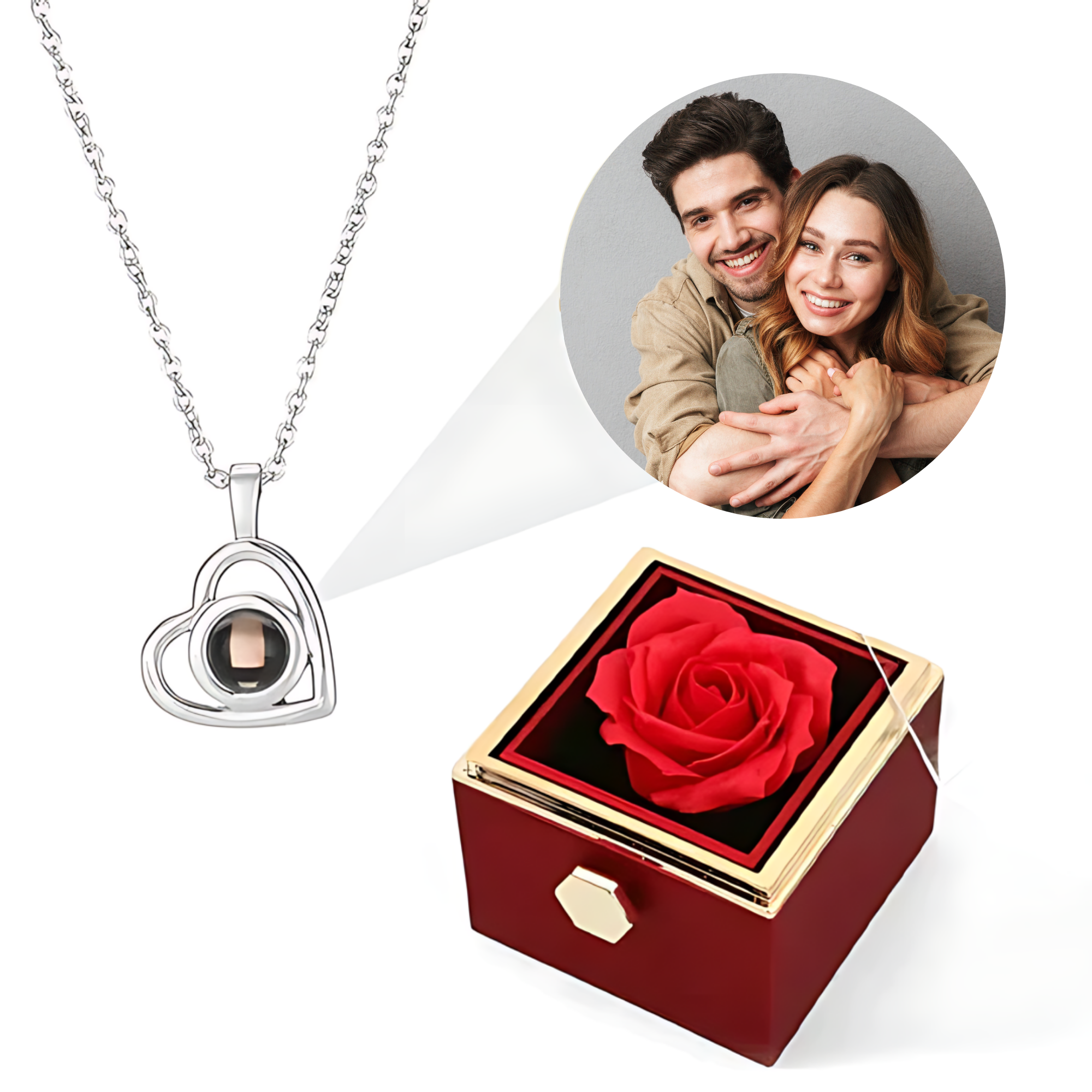 Eternal Rose Box - Med Hjärtfoto Projektionshalsband och Äkta Ros