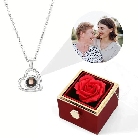 Eternal Rose Box - Med Hjärtfoto Projektionshalsband och Äkta Ros