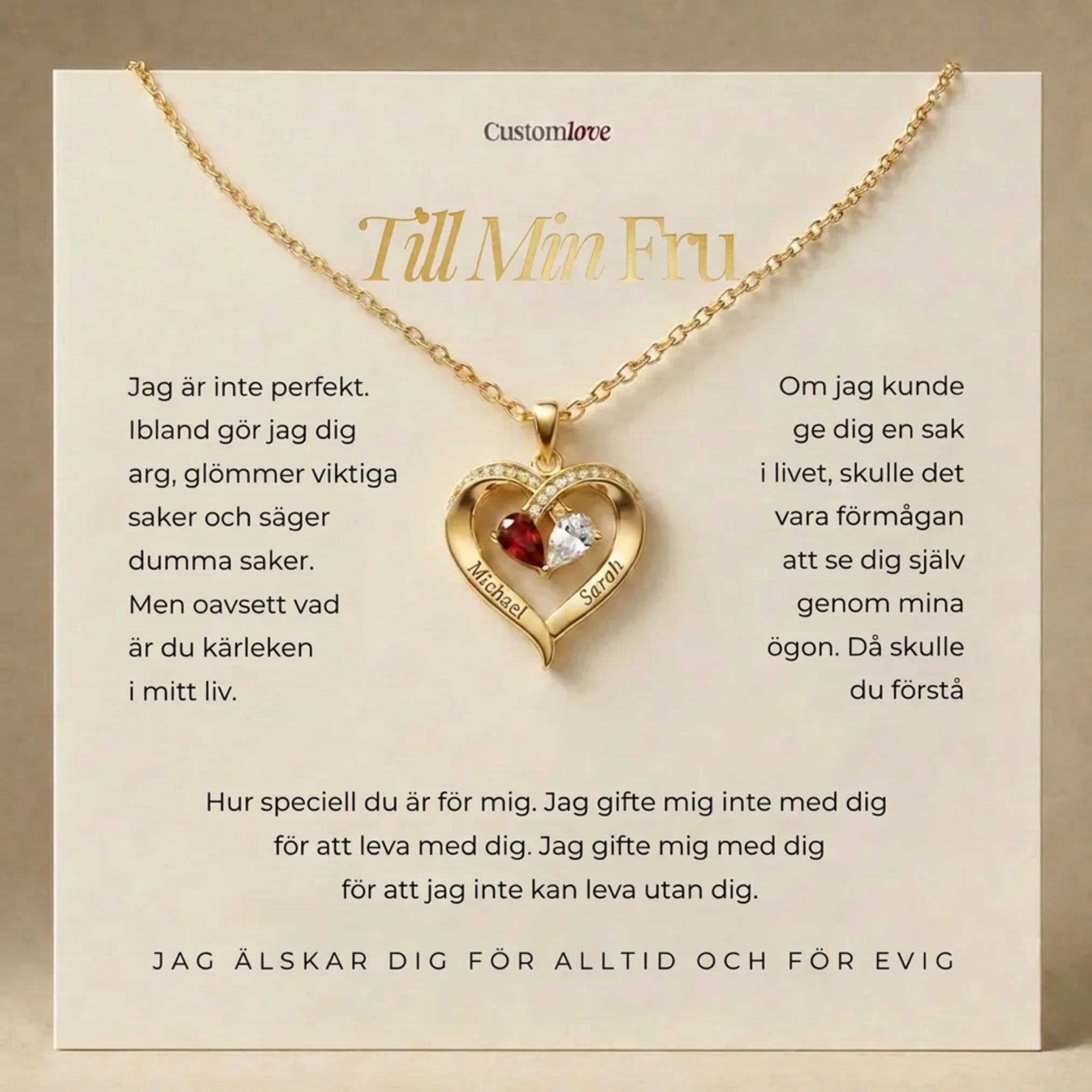 Till Min Fru – Graverat Hjärthalsband med Födelsesten