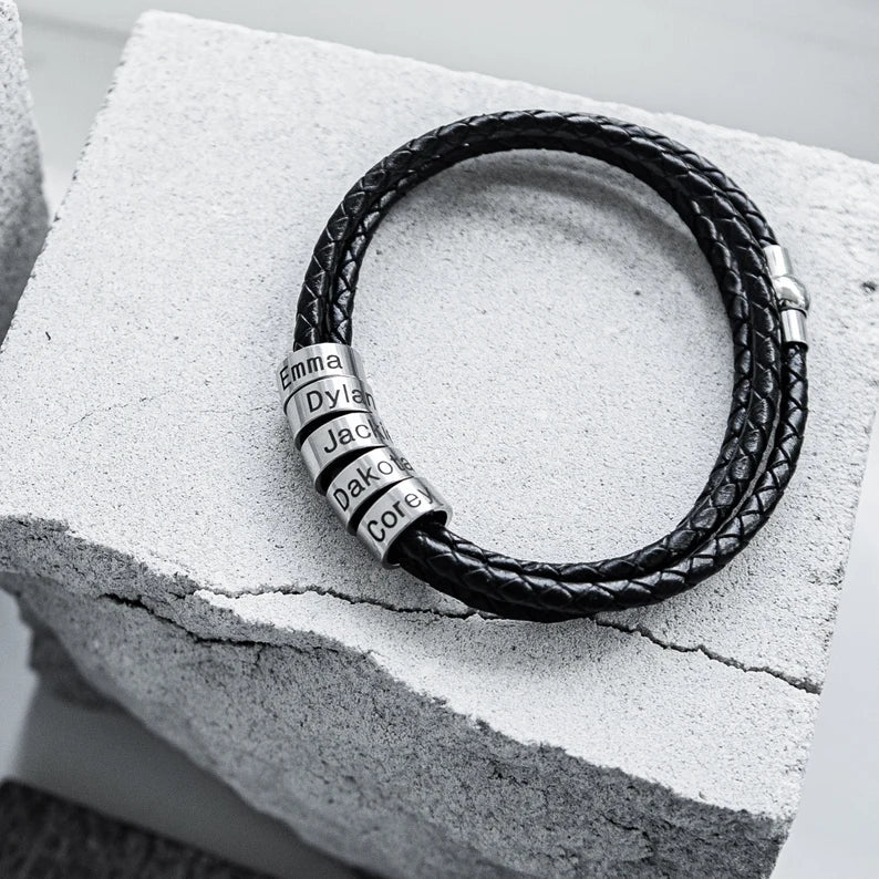 Till Min Pappa - Läder Armband Med Graverade Ringar