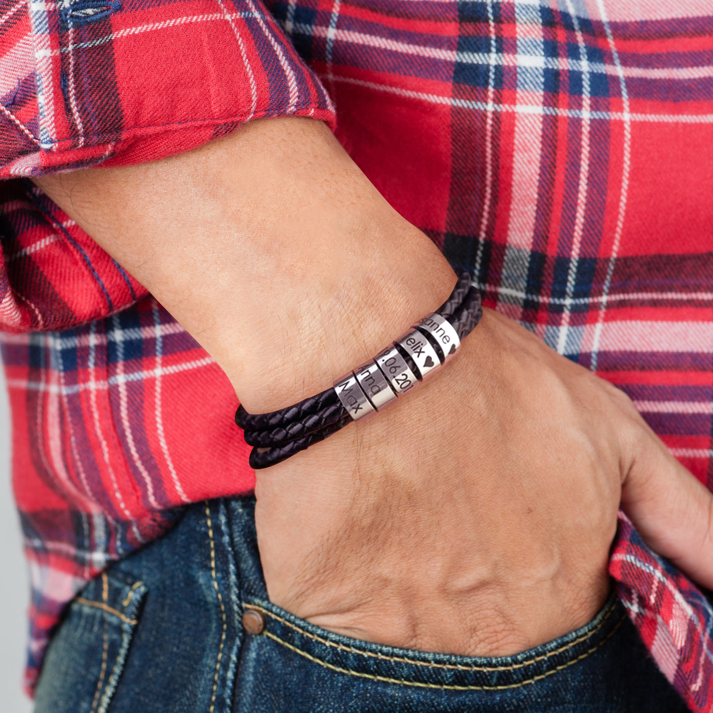 Till Min Pappa - Läder Armband Med Graverade Ringar