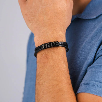 Till Min Pappa - Läder Armband Med Graverade Svarta Ringar