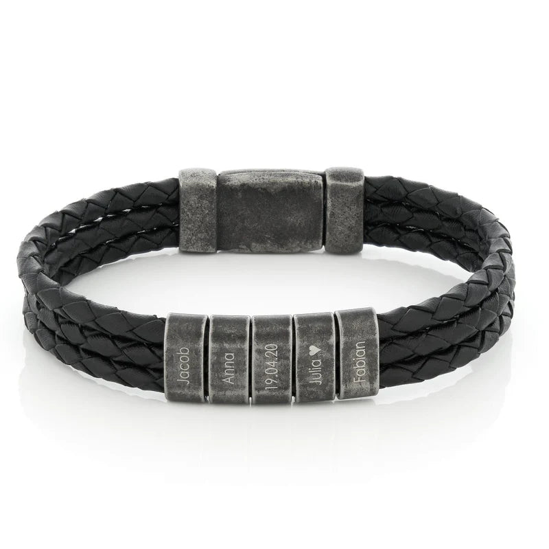 Till Min Pappa - Läder Armband Med Oxiderade Graverade Pärlor